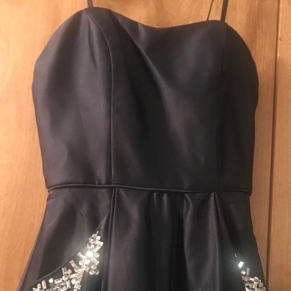 Navy Blue gown with rhinestone trimmed pockets - Picture 2 of 5